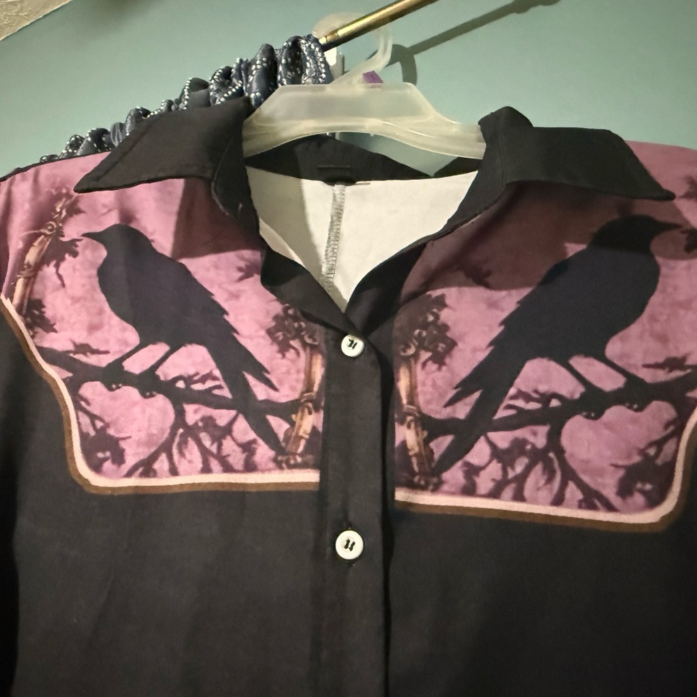 Black Crow Print Button Front Dress XXL - Picture 2 of 9